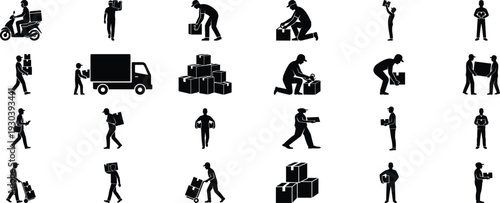 "Delivery Moving and Logistics Workers Silhouettes Collection - Warehouse Loaders, Box Carriers, Truck Packers, Hand Cart Pushers, Furniture Movers, Shipping Staff, Relocation Service People in Action