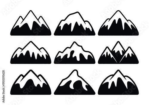 Collection of stylized black and white mountain with snow