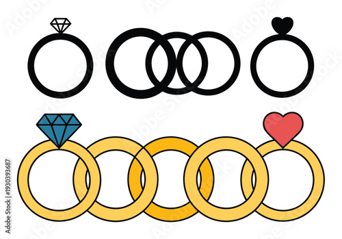 Collection of stylized rings with diamonds and hearts