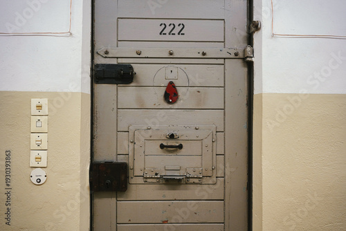 Bilde på lerret Closed cell door with number 222 in Hohenschoenhausen, a stasi prison in GDR, no