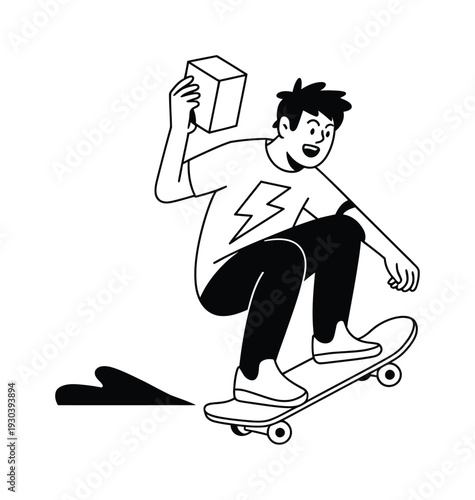 Cheerful person on skateboard holding a cube with a lightning bolt shirt