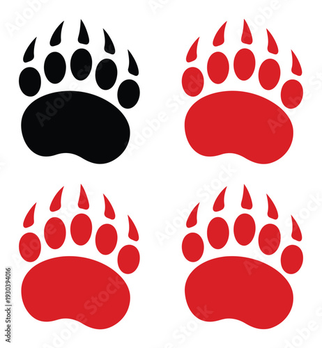 Four Bear Paw Prints: One Black, Three Red, Isolated on White