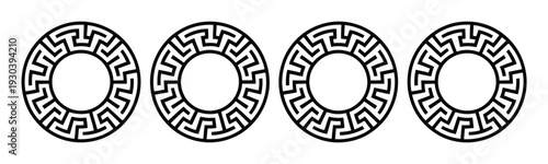 Four identical circular Greek key maze patterns on a white background