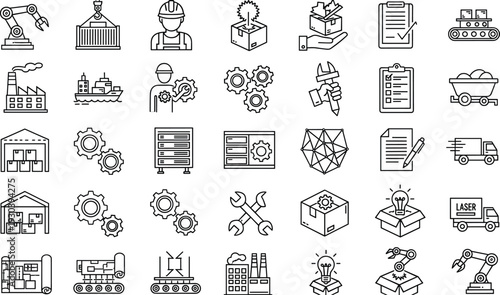 Industrial manufacturing and logistics outline icons set factory production engineering line vector collection