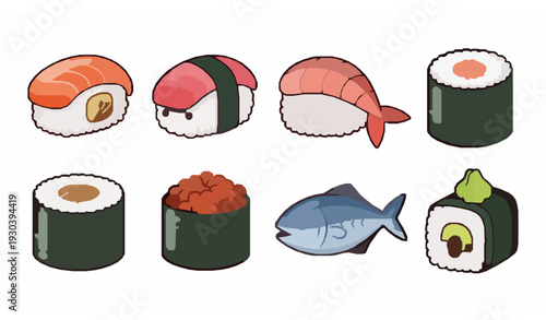 Cute sushi rolls cartoon vector set with salmon tuna and avocado icons