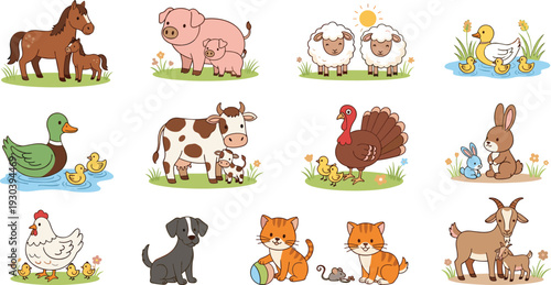 Large collection of cute cartoon farm animals with offspring including horse pig sheep duck cow turkey rabbit chicken dog cat goat