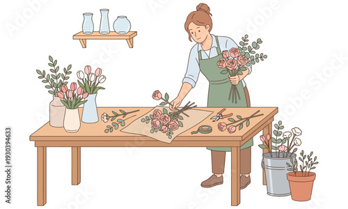 Female Florist Arranging Flowers at Work Table – Flat Vector Illustration for Small Business & Handmade Floristry