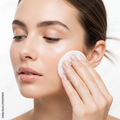 Young Woman Applying Skincare Product with Cotton Pad.