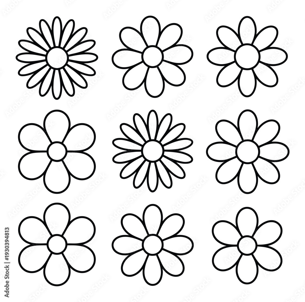 Fototapeta premium Nine Simple Outline Flowers in a Grid Pattern