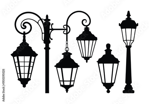 Silhouette Collection of Vintage Street Lamps and Lanterns