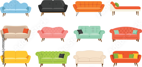 Colorful modern sofa collection flat vector set isolated on white background furniture illustration bundle