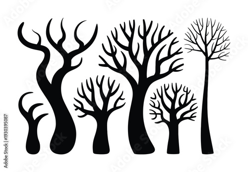 Silhouetted Bare Trees in a Stylized Forest Scene