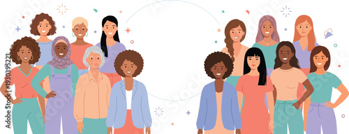 International Women’s Day Celebration Banner – Multinational Female Team Flat Vector Illustration