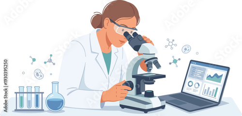 Scientist Using Microscope in Laboratory Experiment with Laptop – Research Flat Vector Illustration