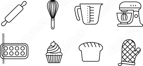 Baking and Kitchen Utensil Outline Icon Set Featuring Rolling Pin Whisk Mixer Cupcake and Bread Vector Illustration