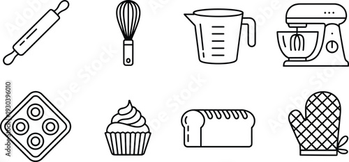 Baking and Pastry Outline Icon Set Featuring Rolling Pin Whisk Mixer Cupcake Bread and Oven Mitt