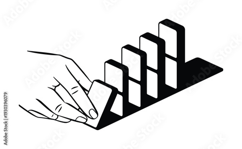 Hand pushing dominoes in a line, creating a chain reaction
