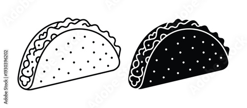 Two Stylized Tacos, One Outline and One Silhouette, on White Background