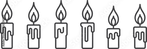 Burning Candle Flame Outline Icon Collection Featuring Melting Wax Drip Symbols Vector Illustration Set Isolated on Gray Background