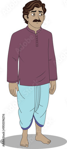  Indian Village Man Character in Purple Kurta and Blue Dhoti 2D Vector Illustration