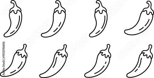 Chili Pepper Outline Icon Collection Featuring Spicy Hot Capsicum Vegetable Symbols Vector Illustration Set Isolated on Gray Background