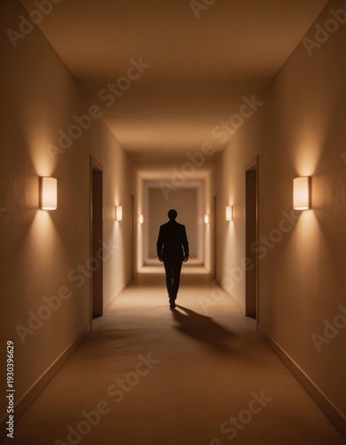 silhouette of a man walking in a corridor