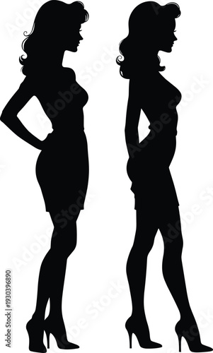 Elegant Woman Silhouette Vector with Vintage Pinup Hairstyle Wearing High Heels and Slim Fit Mini Dress Isolated on White Background for Fashion Design Illustration