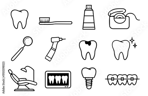 Dental Care Icons Set – Dentistry Tools and Oral Health Line Art Collection