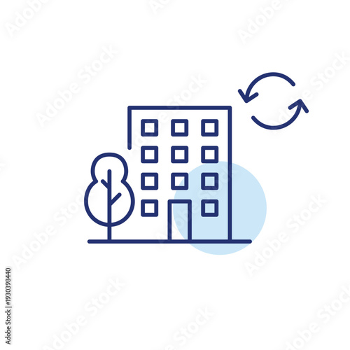 City building with green trees and refresh arrows. Ecology, self-sustainable neighbourhoods. Pixel perfect, editable stroke vector icon