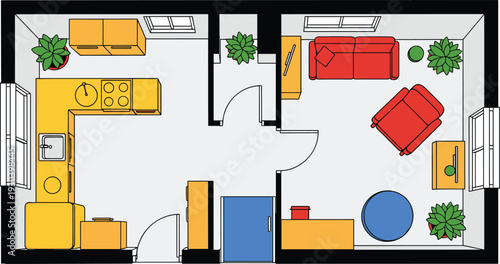 Compact apartment floor plan illustration showing kitchen with yellow cabinets and living room with red sofa, armchair, plants, and furniture layout, ideal for interior design projects.