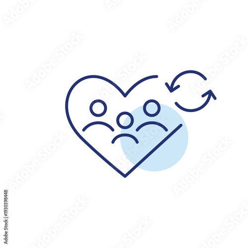 Family of three in heart and renew arrows. insurance update, home refresh, household renewal. Pixel perfect, editable stroke vector icon