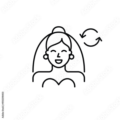 Happy bride in veil and renew arrows. Wedding update, marriage data or status refreshed. Pixel perfect, editable stroke vector icon