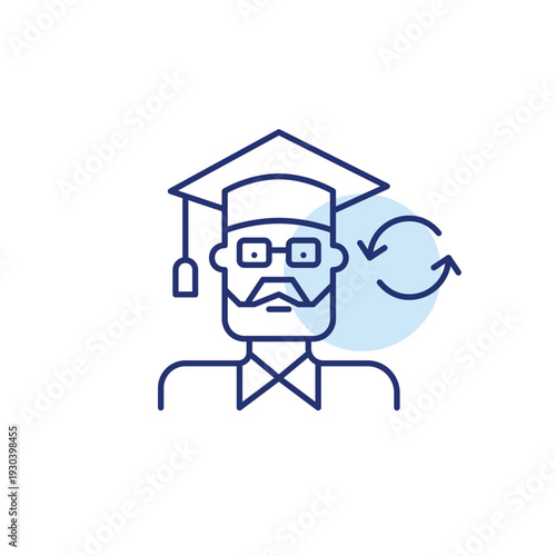 Elderly man in graduation mortarboard and renew arrows. Senior education, lifelong learning cycle. Pixel perfect, editable stroke vector icon