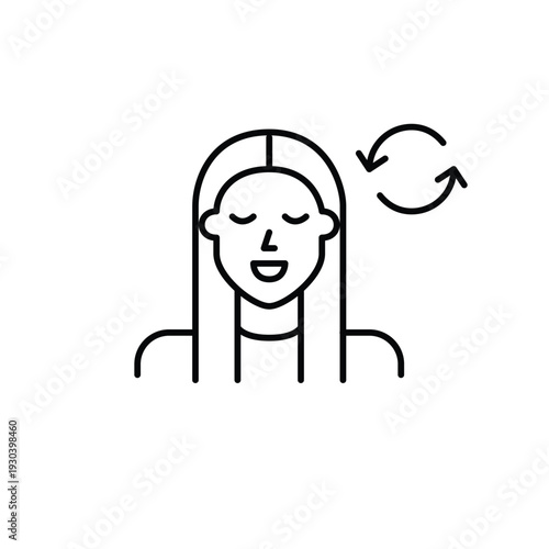 Account renewal, subscription refresh, digital profile update. Young woman avatar and renew arrows. Pixel perfect, editable stroke vector icon