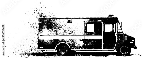 High contrast stencil art of ambulance side view for emergency themed designs