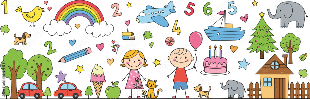 Fototapeta premium Cute Children Learning and Play Doodle Illustration