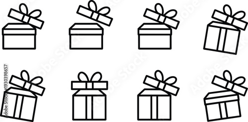Gift Box Outline Icon Set with Ribbon Bow Present Package Vector Illustration Collection for Celebration and Holiday Design