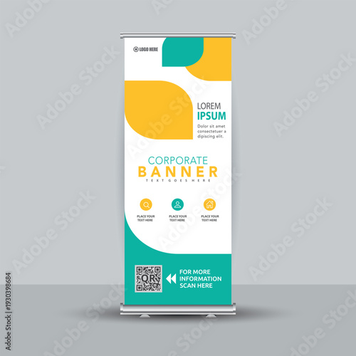 Modern Corporate Roll-up Banner Template with Yellow and Teal Shapes