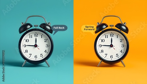 Two classic black alarm clocks symbolize the biannual daylight saving time changes, with one set to nine o'clock for falling back in autumn and the other set to twelve o'clock for springing forward in