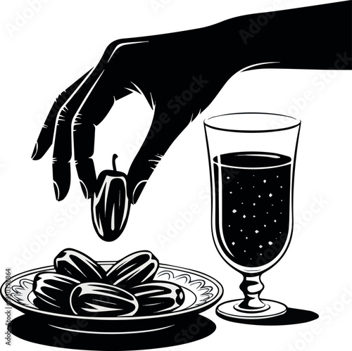  Black Silhouette A hand picking up dates fruits from a plate with a glass of juicesarbat, Ramadan, isolated no background