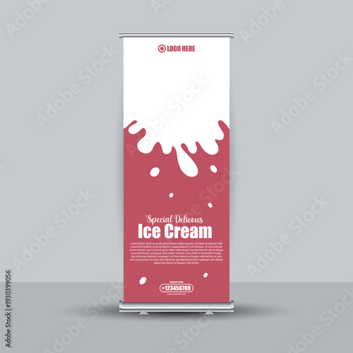 Delicious Ice Cream Roll Up Banner Template with Milk Splash