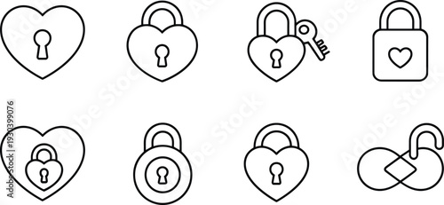 Heart Lock and Padlock Outline Icon Set Featuring Love Security Privacy Protection Symbols Vector Illustration Isolated on Gray Background