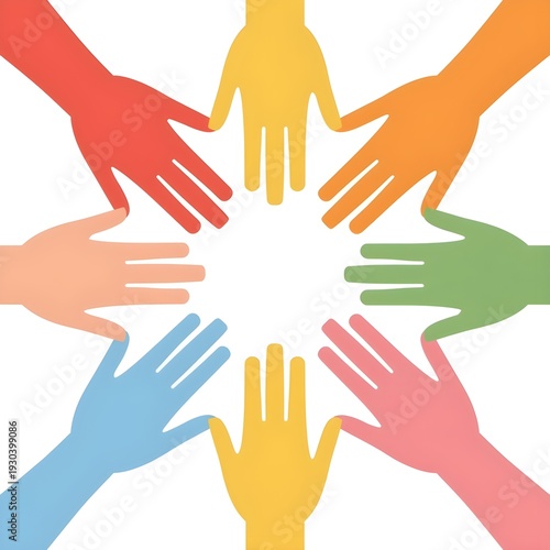 Diverse and colorful human hands reaching together in a circle symbolizing unity cooperation teamwork community support and global connection against a clean white background illustration