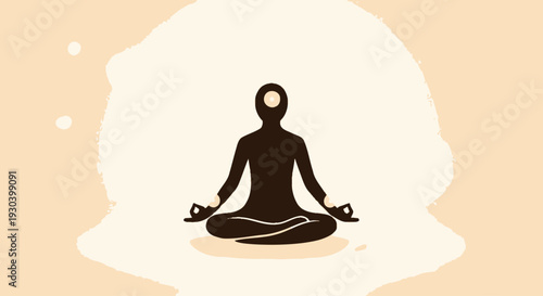 Minimal meditation lotus pose illustration featuring calm seated human figure representing mindfulness practice, yoga breathing, mental wellness, stress relief therapy, spiritual awareness, and holist