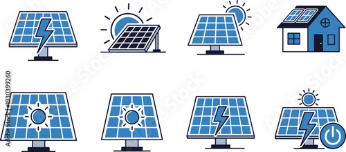 Solar panel set with sun icons and house generating renewable energy and electricity through photovoltaic technology in blue flat vector style for green power design