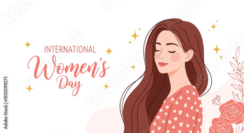 International Women's Day greeting card with beautiful woman illustration. Happy Women's Day banner with floral elements. Vector portrait of girl for 8 March celebration.