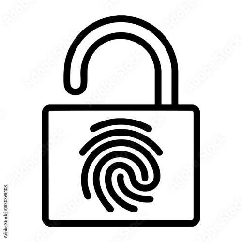 A simple black and white icon of a padlock with a fingerprint, representing security, protection, and bio metric identification. The icon is designed in a modern and minimalist style, making it 
