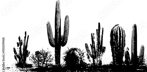 Abstract desert cactus cluster in high contrast stencil style for artistic design