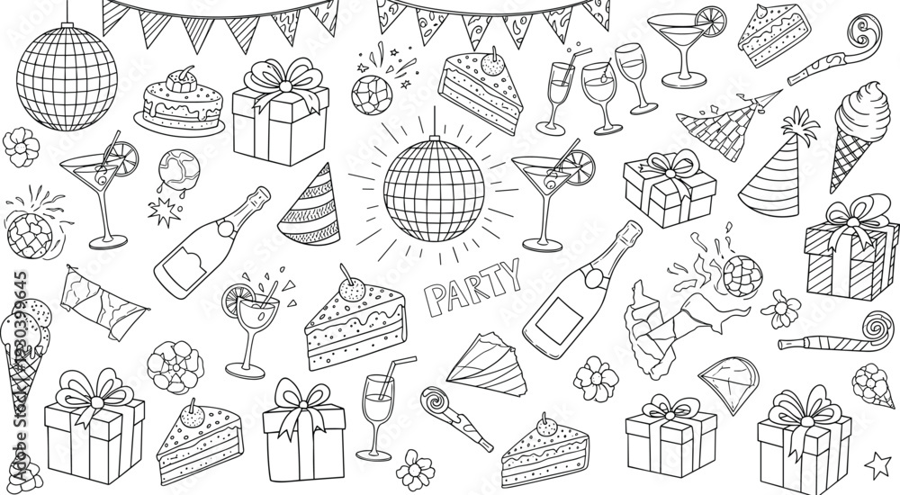 Fototapeta premium Hand-Drawn Party and Celebration Doodle Collection Featuring Disco Balls Champagne Gifts and Cake for Festive Event Design