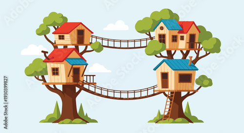 Illustration of treehouses in trees connected by rope bridges